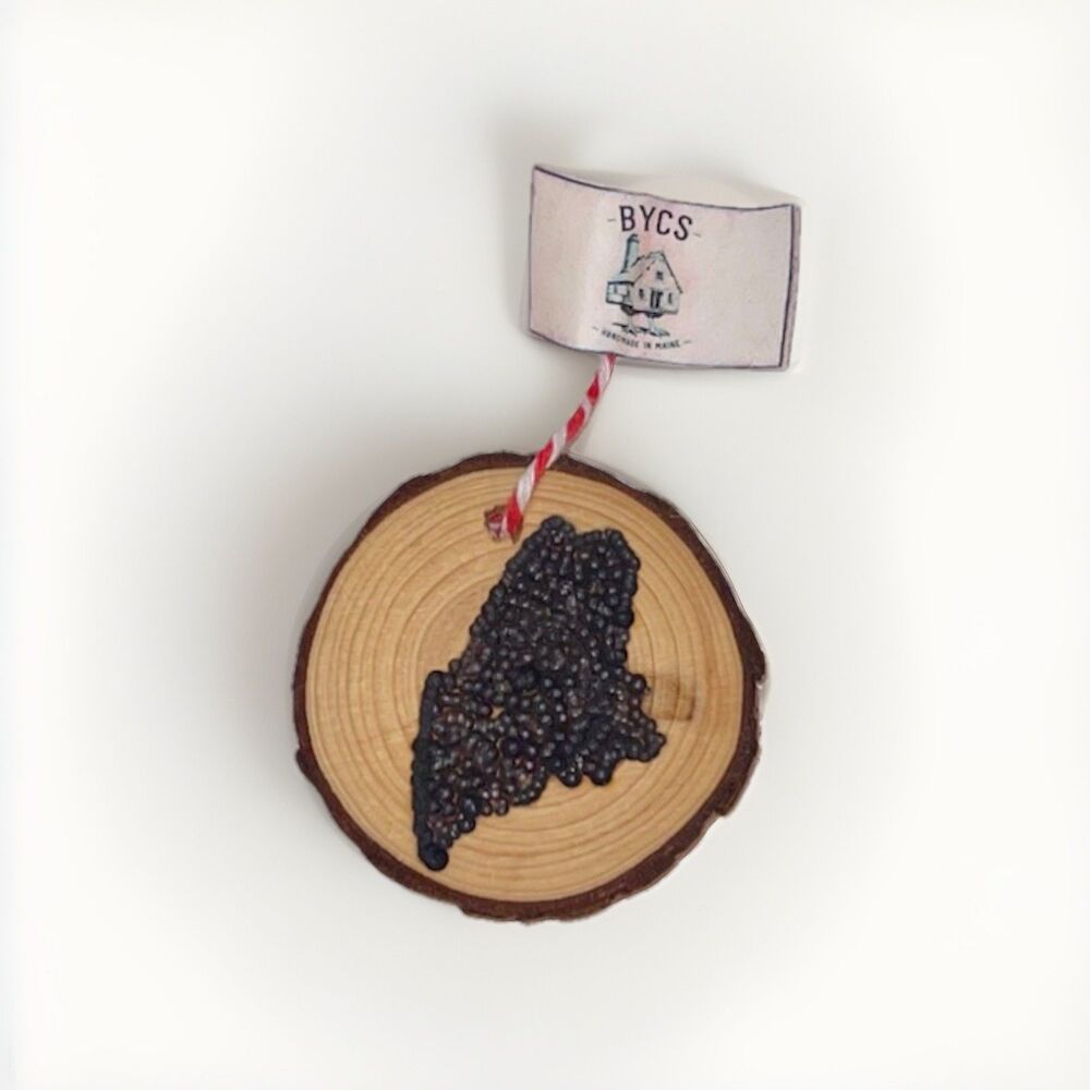 NWT BYCS Natural Wood Wood Burned Ornament Of Maine Handmade In Maine 2.25 in